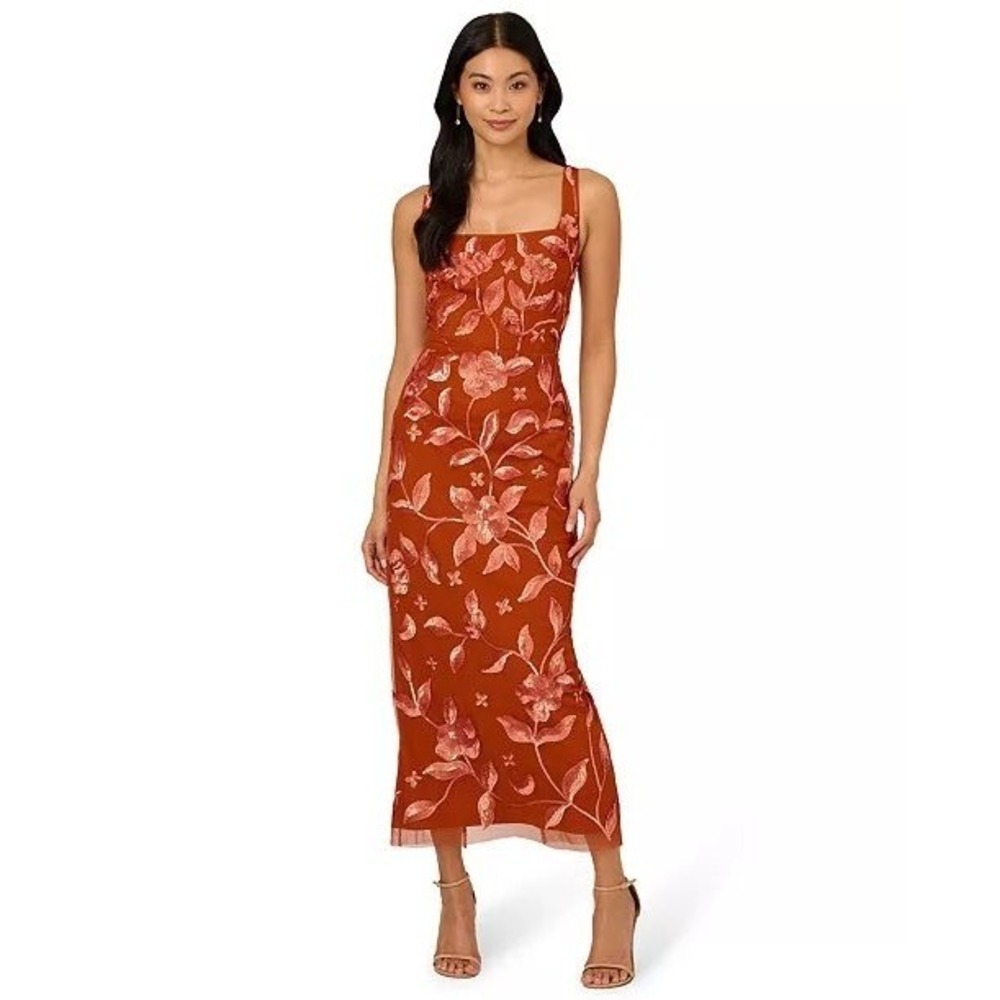 Adrianna Papell Rust Floral Beaded Mesh Slim Column Dress, Women's Size US 12